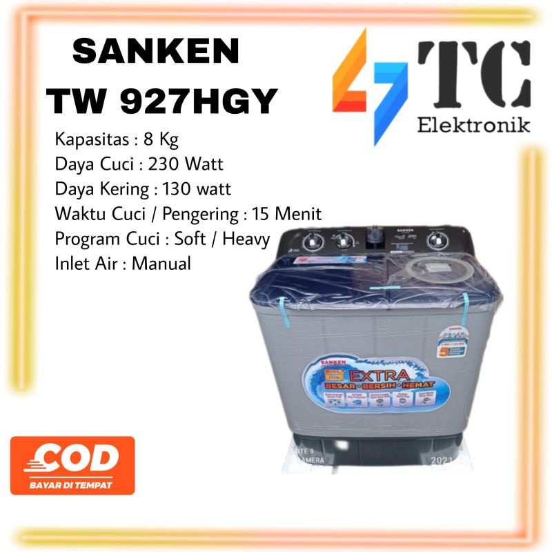 Mesin Cuci Sanken TW 927HGY 2 Tabung - 8 Kg