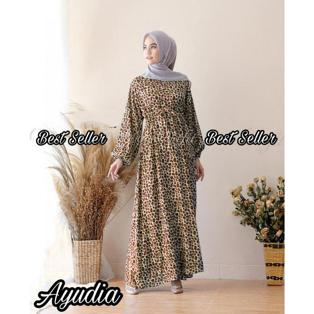 Ayudia Leopard Dress Wanita Rayon Premium Import Gamis Terbaru Lengan Panjang Baju Muslim Kekinian LD 110 cm