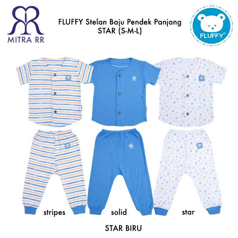 FLUFFY Stelan Baju Kancing Pendek Celana Panjang STAR S M L (3-12 bulan) Setelan Baju Bayi 3 Pasang