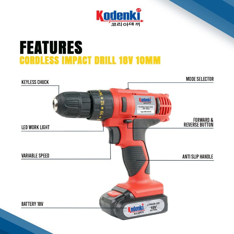 Kodenki Mesin Bor Tembok Cordless Baterai Cordless Impact Driil 18 Volt