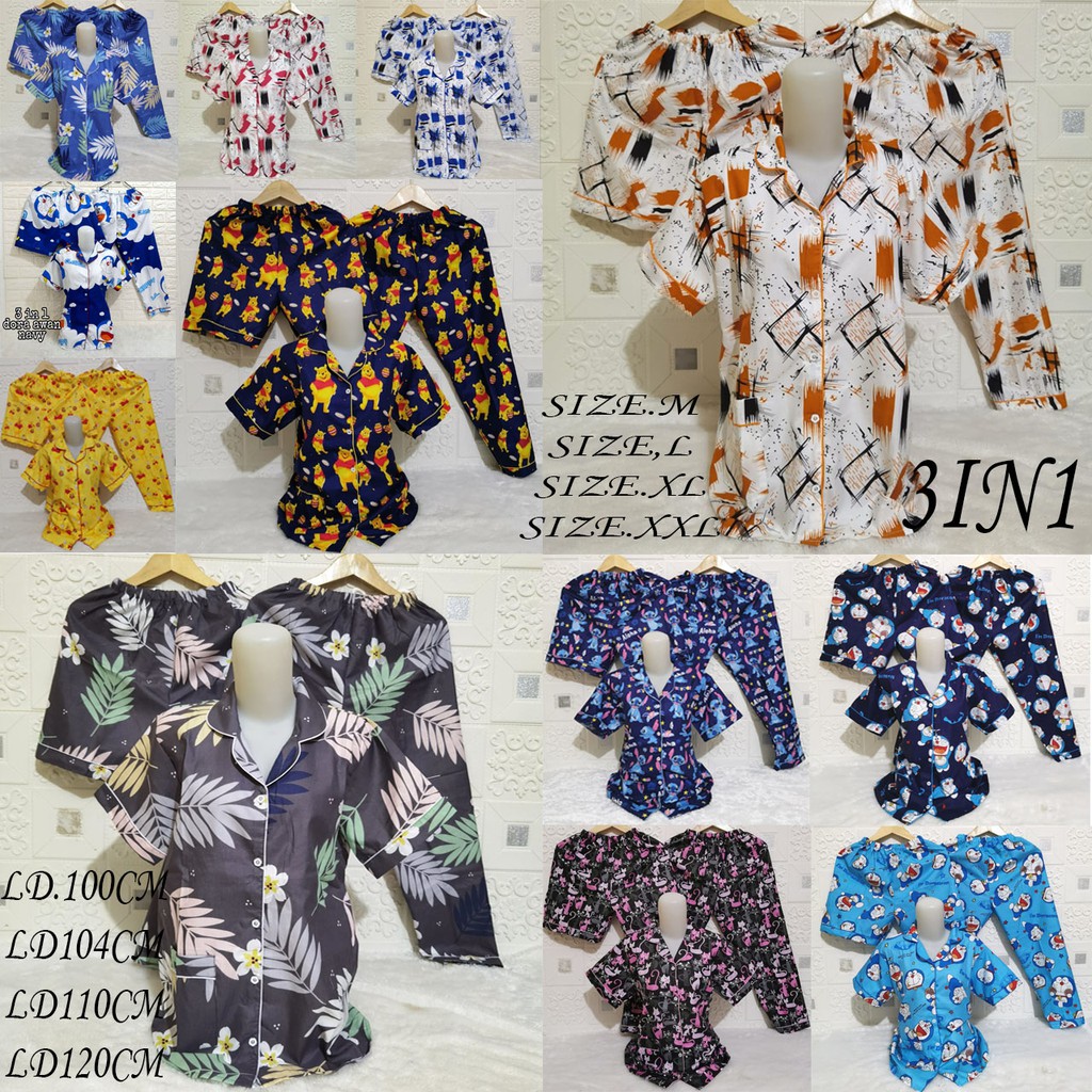 ISANNY PIYAMA SET SIZE.M,L,XL,XXL 3IN1/PIYAMA ABSTRAK/KARAKTER 3IN1/MOS/REAL PICT/READY STOK