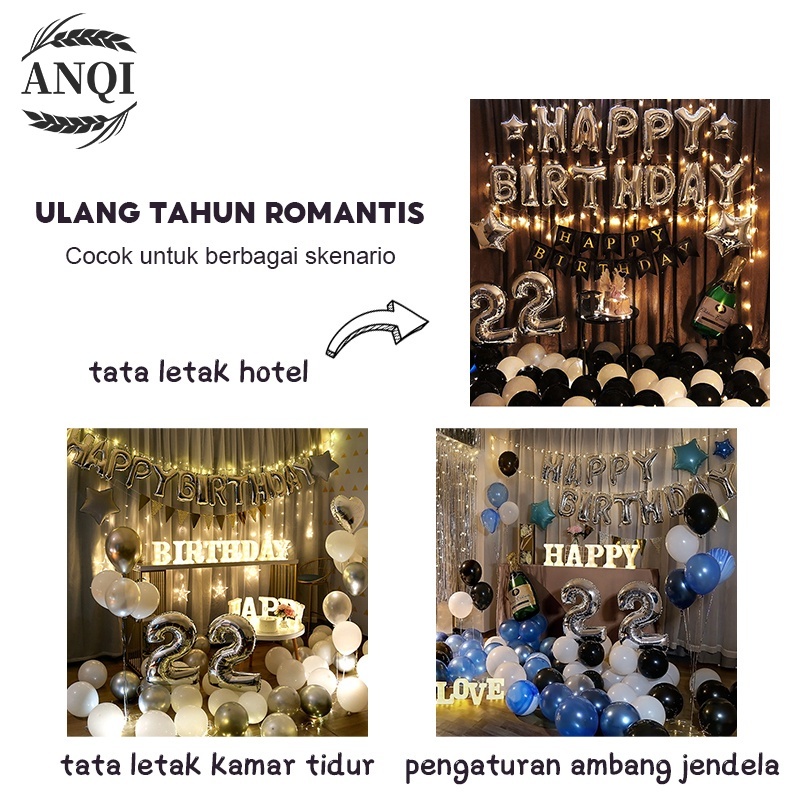 ANQI 1888 Set Paket Balon Dekorasi Paket Hitam Putih Dekorasi Ulang Tahun Romantis Theme Birthday