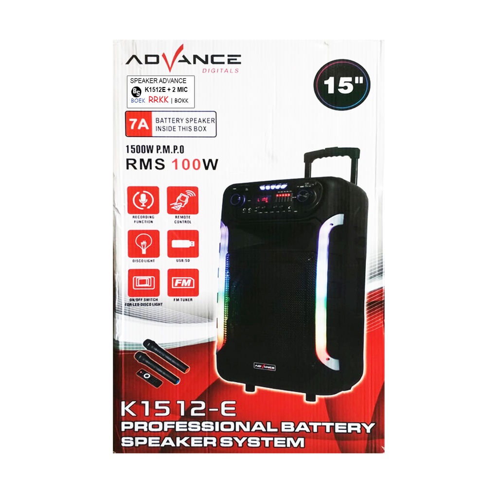 Advance K1512E New Bluetooth Speaker 15 Inch With Guitar Input + 2 Pcs Microphone Wireless