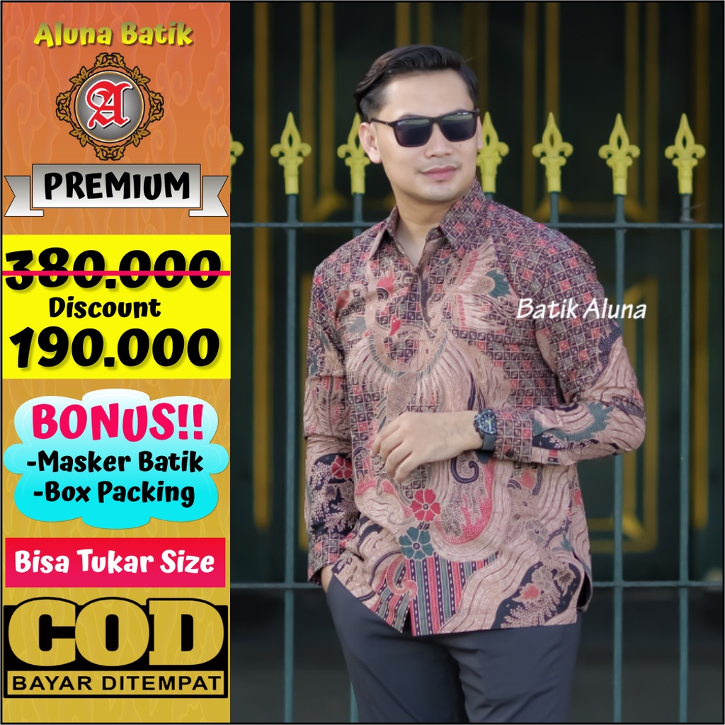 Baju Batik Pria Lengan Panjang Premium Kemeja Batik Cowok Hem Ekslusif Produsen Pabrik Batik Aluna PCW 016