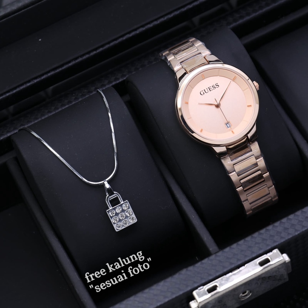 BESTSELLER Jam Tangan Wanita Guess Analog Rantai Stainless Plus Kalung Bag Silver Sesuai Foto Free B