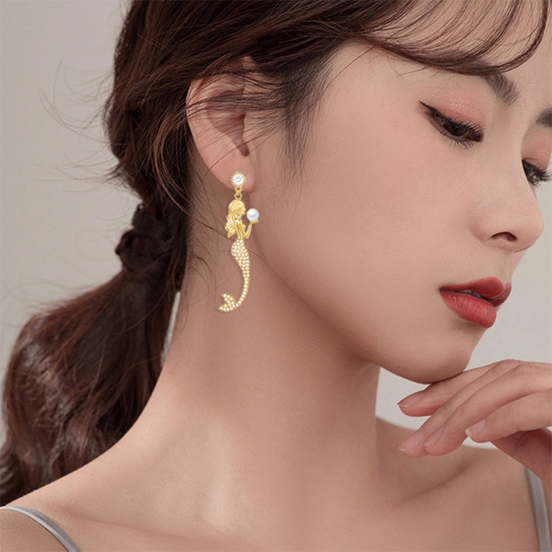 Anting Panjang Desain Mermaid Aksen Zirkon Untuk Wanita