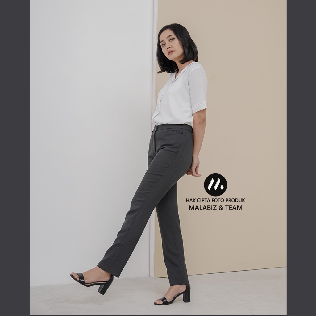 SHANNON  DARK GREY - Celana Kantor Wanita Slim Fit Bahan Stretch dan Tebal Celana Formal Wanita Celana Panjang wanita Hitam Celana Dasar Wanita Basic Standar Kerja Malabiz