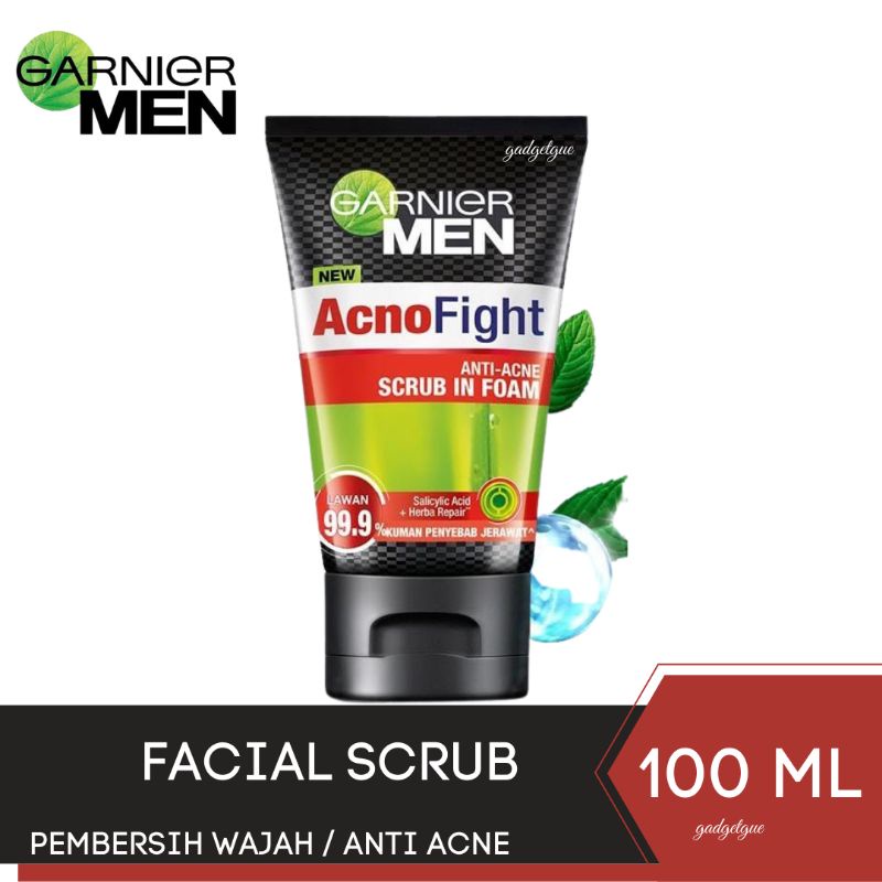 Garnier Men Acno Fight Anti Acne Scrub In Foam Cleanser 100 ml sabun muka pria facial scrub face was