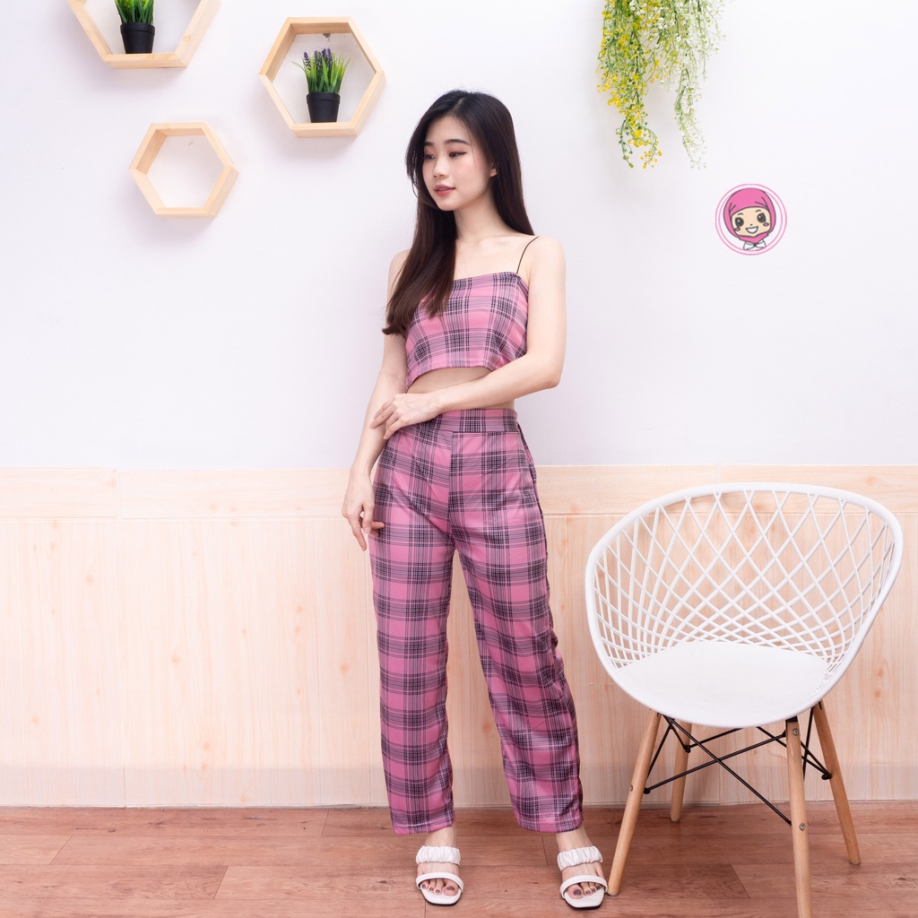Set Honey Wanita Korean Style | Set TankTop Kotak Guilen Terkini-PINK
