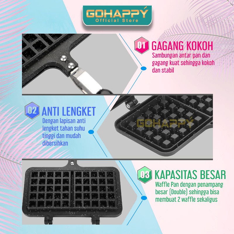 Double Belgian Waffle Maker GOHAPPY GH-C51 Cetakan kue wafel Non-stick marble dengan jepitan panci