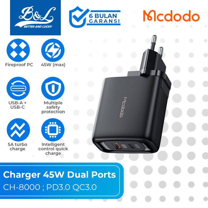 MCDODO Travel Charger 45W Dual Ports PD3.0 QC3.0 support SCP AFC VOOC CH-8000