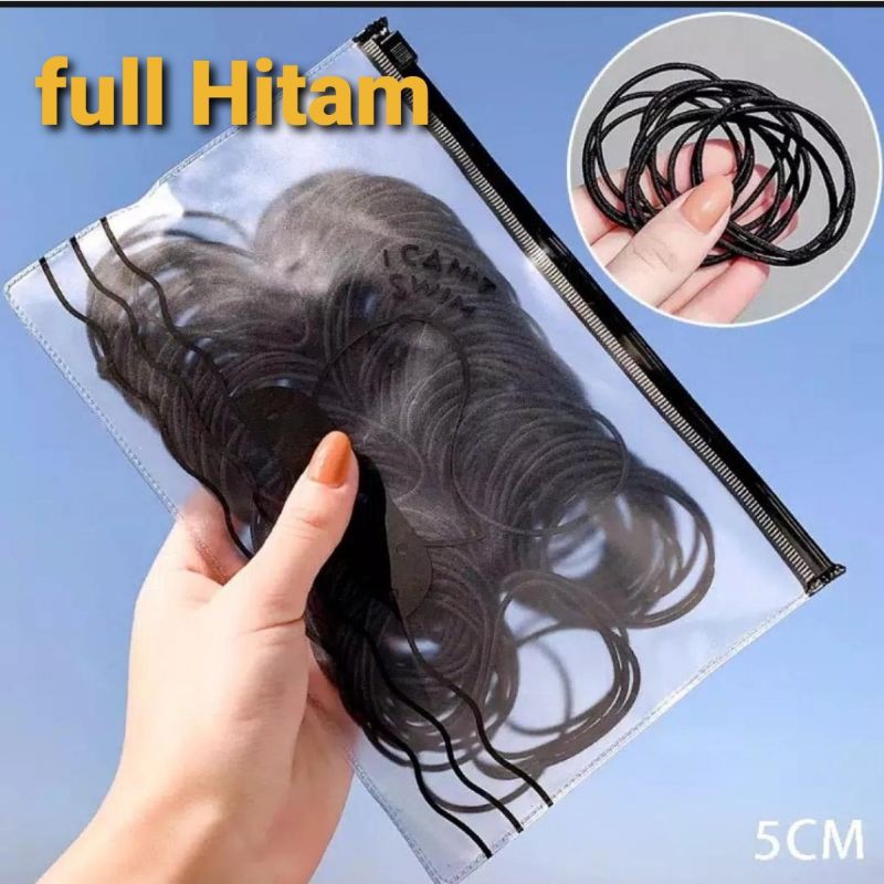 [isi 100] Karet Rambut &amp; Gelang Hitam Polos Korea Lingkaran Besar 4,5 cm dan Tebal Elastis bonus Tas