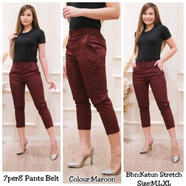  Celana  Wanita  7per8 Pants Belt Celana  Import Katun  Twill  