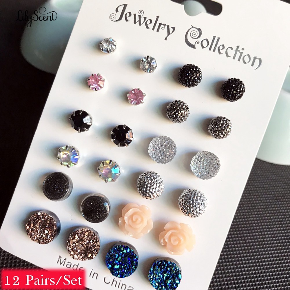 12 Pasang / Set Anting Tusuk Berlian Imitasi Bentuk Bunga Lily