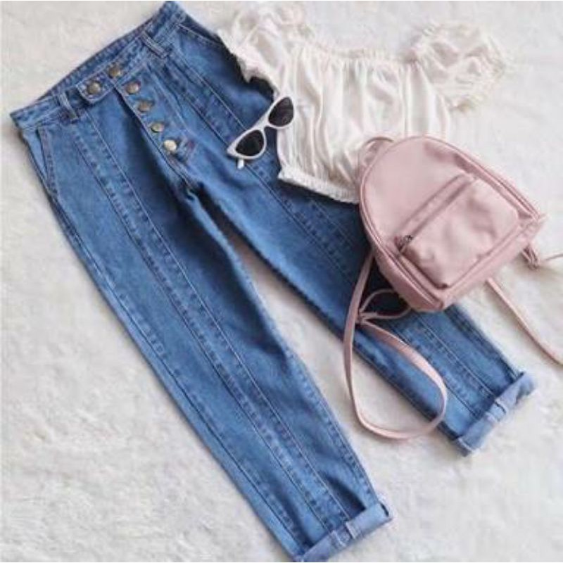 BOYFRIEND LINE BUTTON JEANS WANITA/TULANG/KANCING/MELLA LIPAT/FLORA/