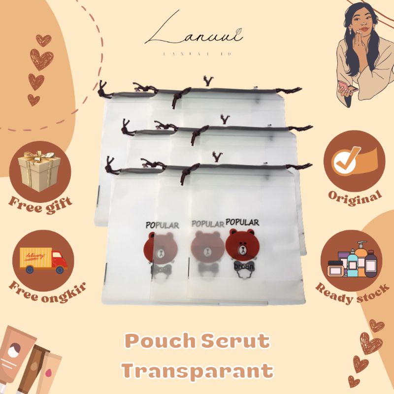 [POUCH MAKEUP] Tas Kosmetik Transparan Model Tali Serut Motif Boneka Ukuran Kecil Serbaguna