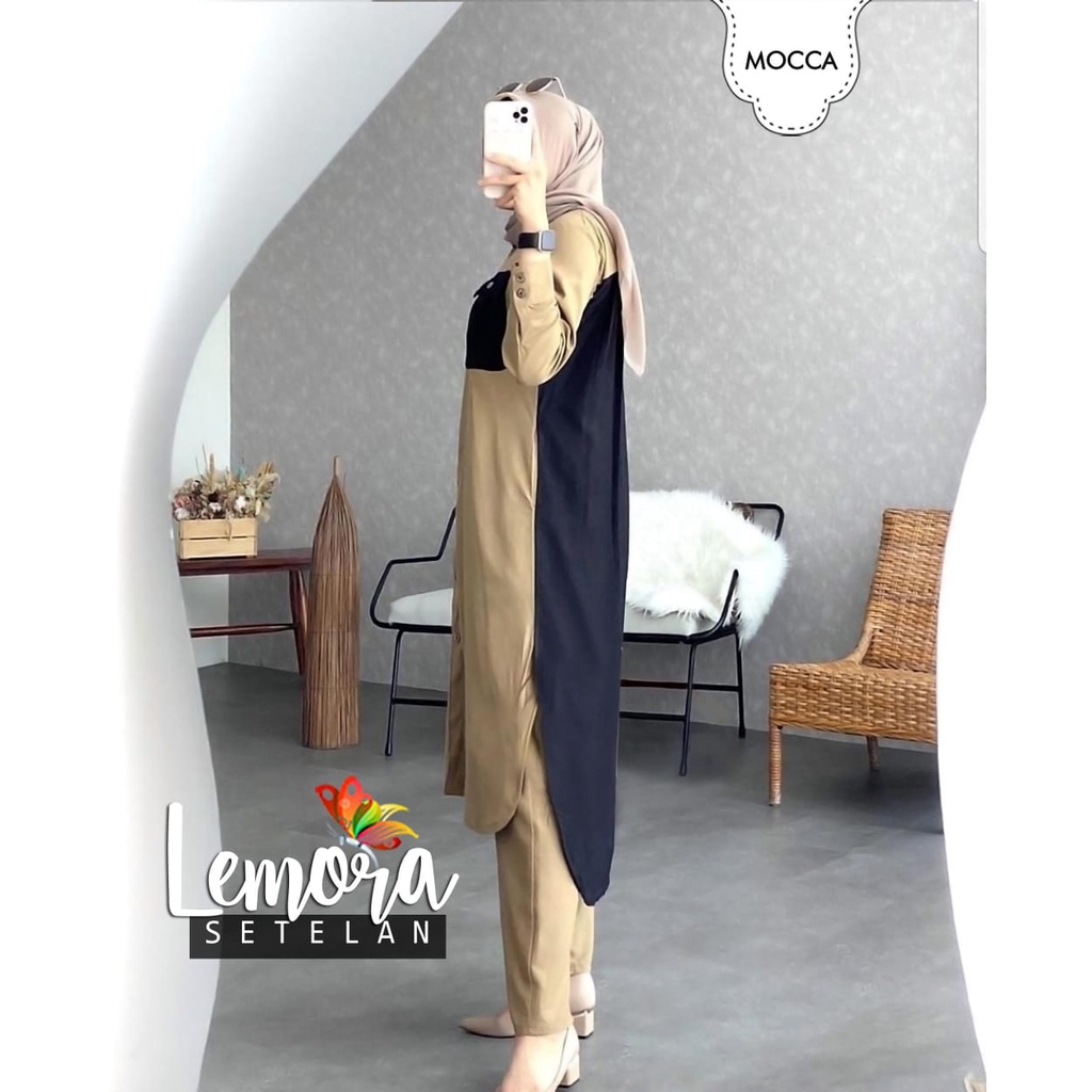 Setelan wanita muslim tunik celana kombi brukat terbaru 2021 kekinian model modern kondangan Lemora