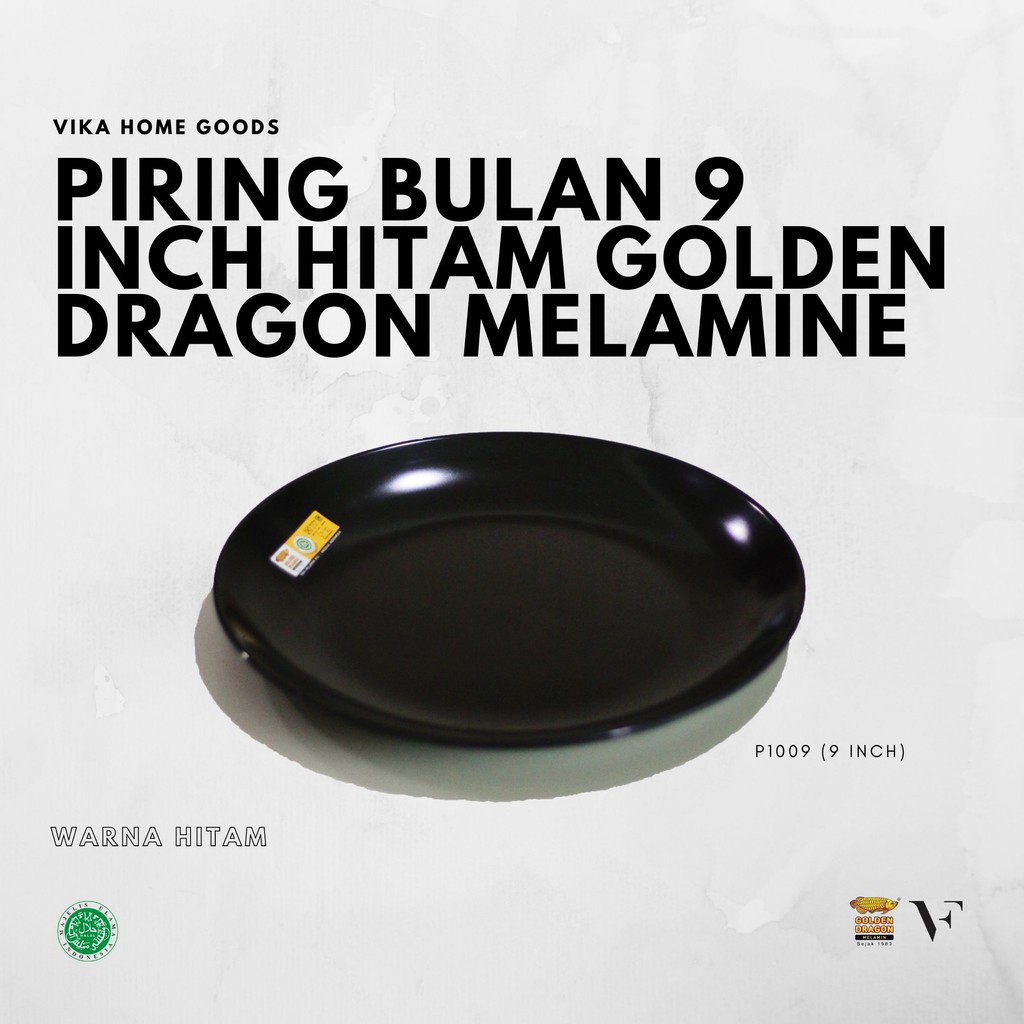 Piring Bulan 9 Inch Hitam Golden Dragon Melamine (P1009)