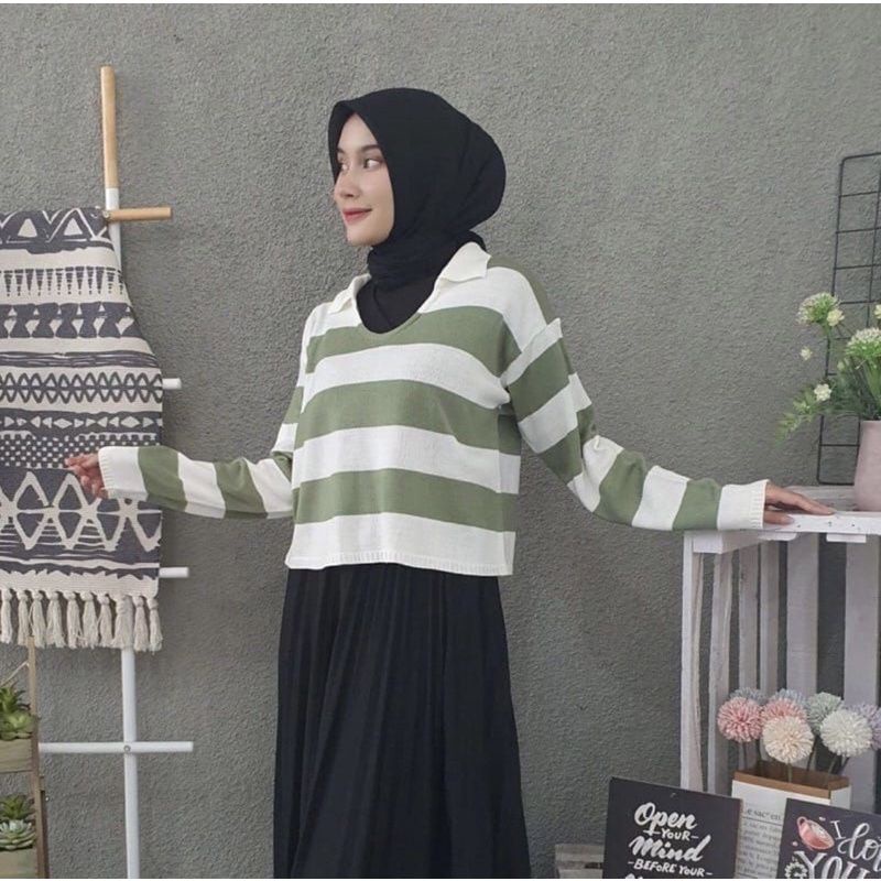 Crop Rajut Strip DELLA Oversize PREMIUM KNIT TEBAL 7guadged | Blouse Rajut Motif | Blaster Sweater Rajut Wanita