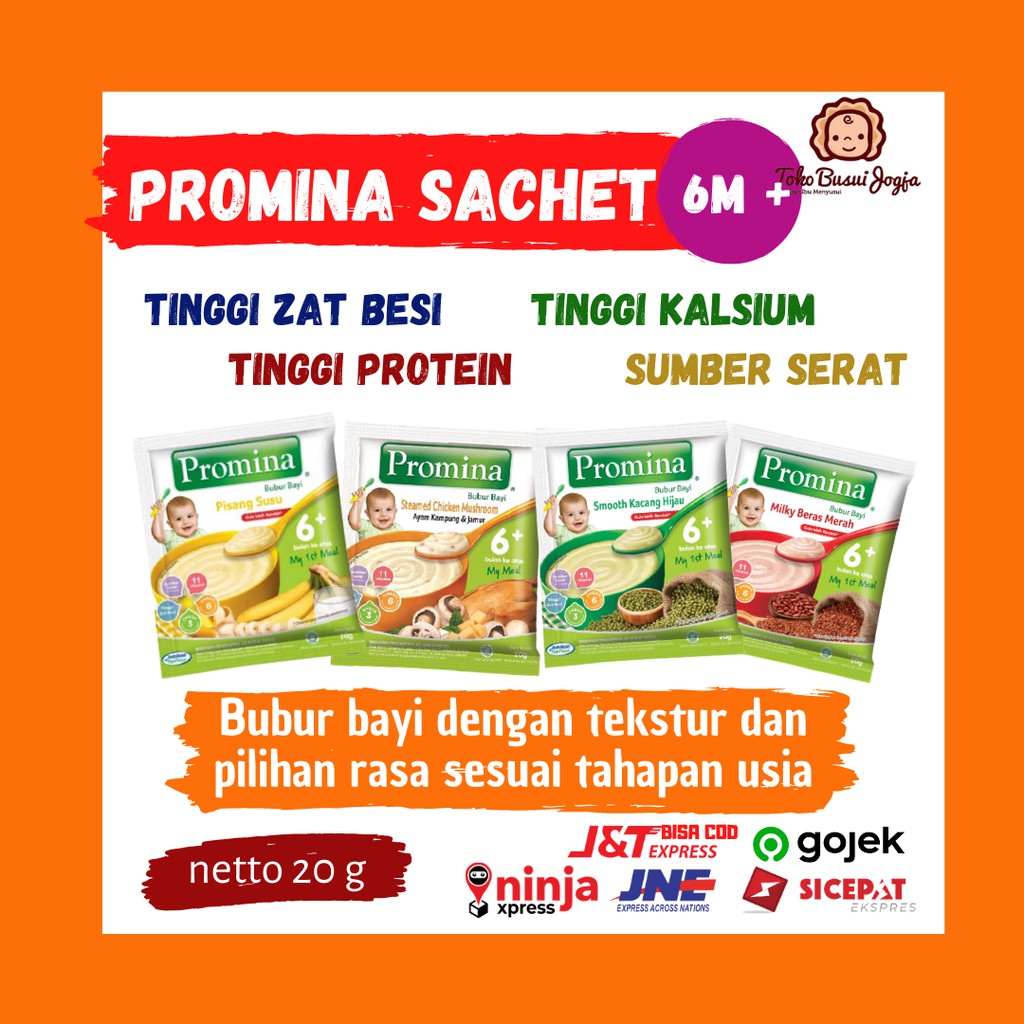 Promina Sachet Bubur Susu Bayi MPASI 6 Bulan Kacang Hijau Pisang Susu Beras Merah Steamed Chicken 20