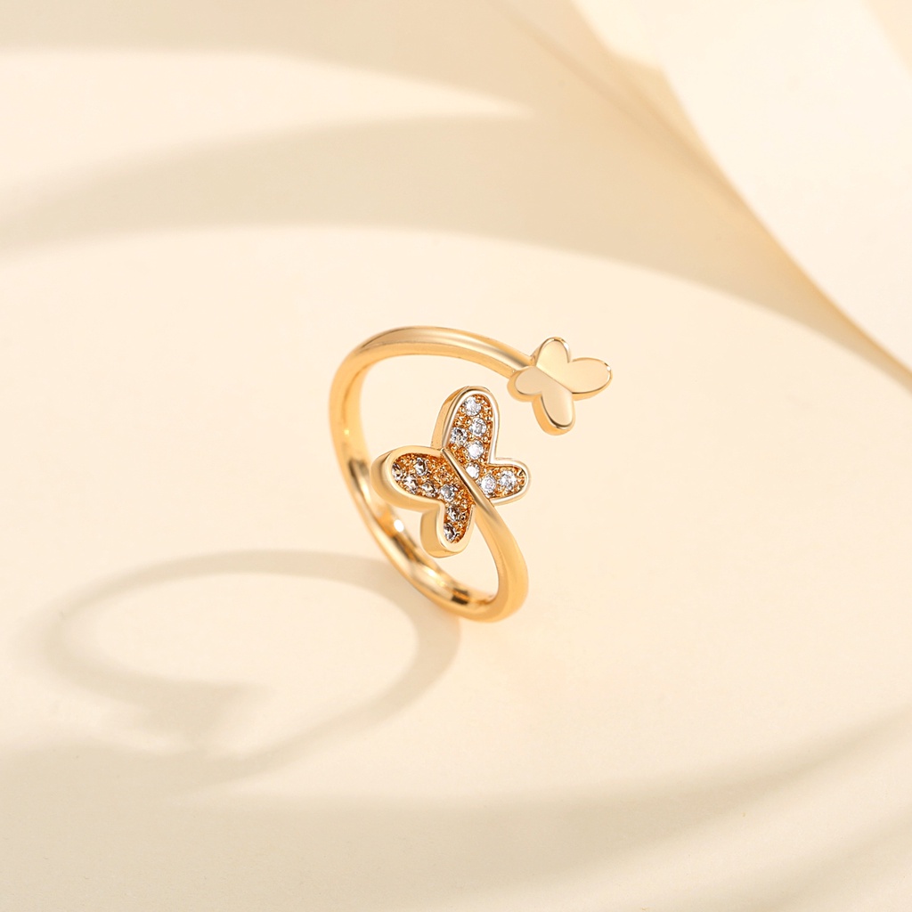 Y688 [COD✔] Cincin Kupu-Kupu Wanita Bahan Titanium Steel Hias Kristal Adjustable Untuk Pernikahan