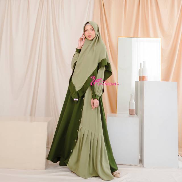 Dress only Halwa Dress by Hijab Syandana Pine milea adem nyaman grosir gamis hijau mint muda oliive