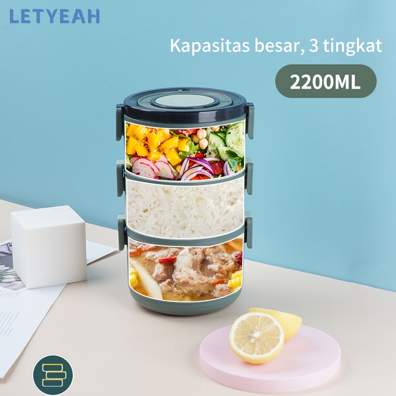 letyeah lunch box set anti tumpah 2200 ml/cutlery set stainless 3 in 1/kotak makan 3 susun kapasitas tinggi