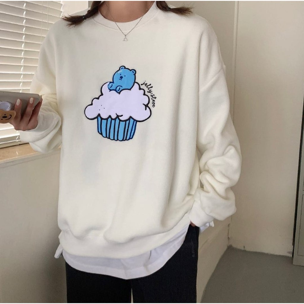 SWEATER OVERSIZE WANITA CUPCAKE BEAR BLUE PRIA WANITA  SWITER MURAH SWWEATER CREWNECK