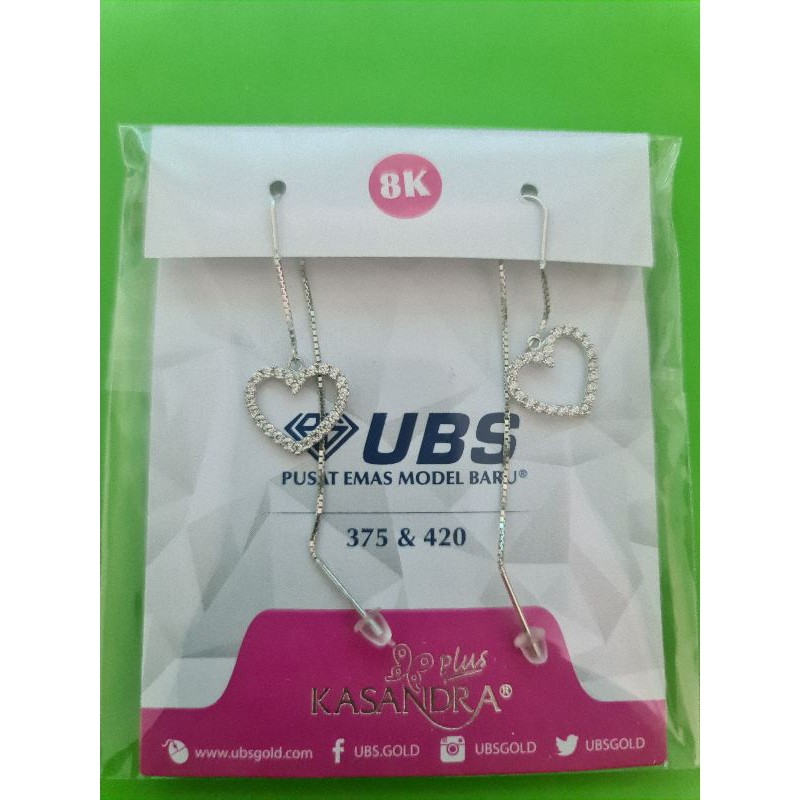 Anting panjang bulat love lubang mata kuning dan putih UBS kadar 375 8K