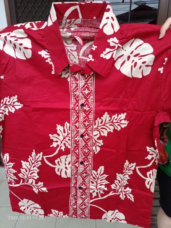 Batik Couple Amanda# Edisi Imlek Warna Merah Motif Daun Bahan Katun Stretch