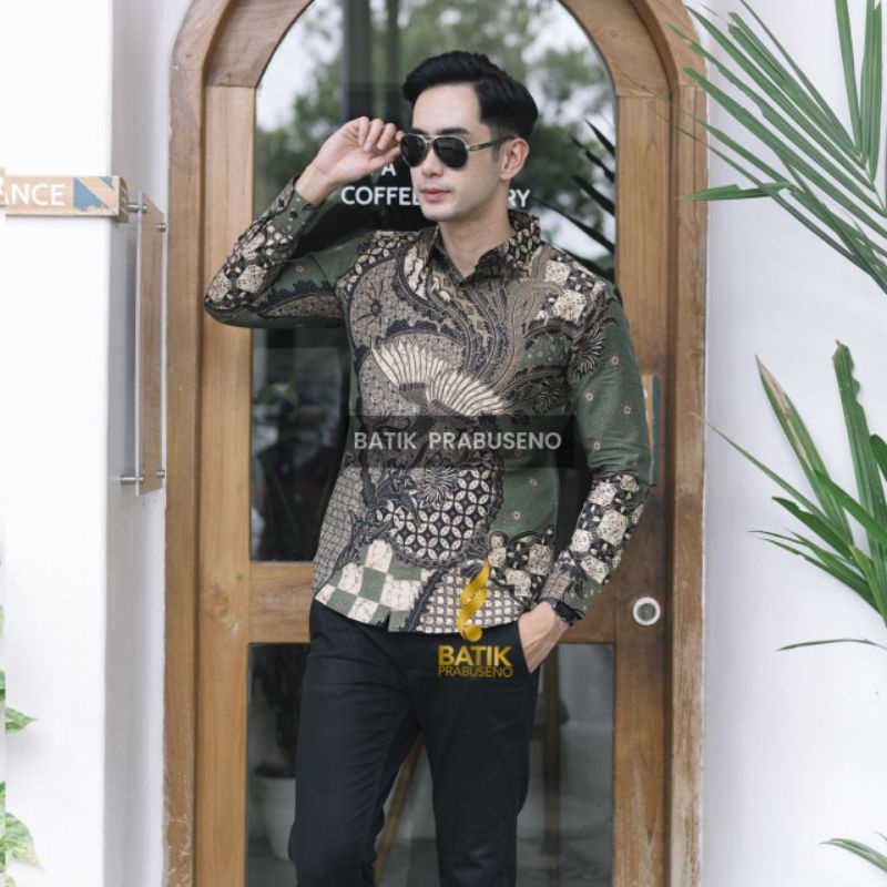 MOTIV INDRAGIRI HIJAU Batik PRABUSENO Hem Pria Formal Kerja Kantor Kantoran Modern Premium Katun Asl