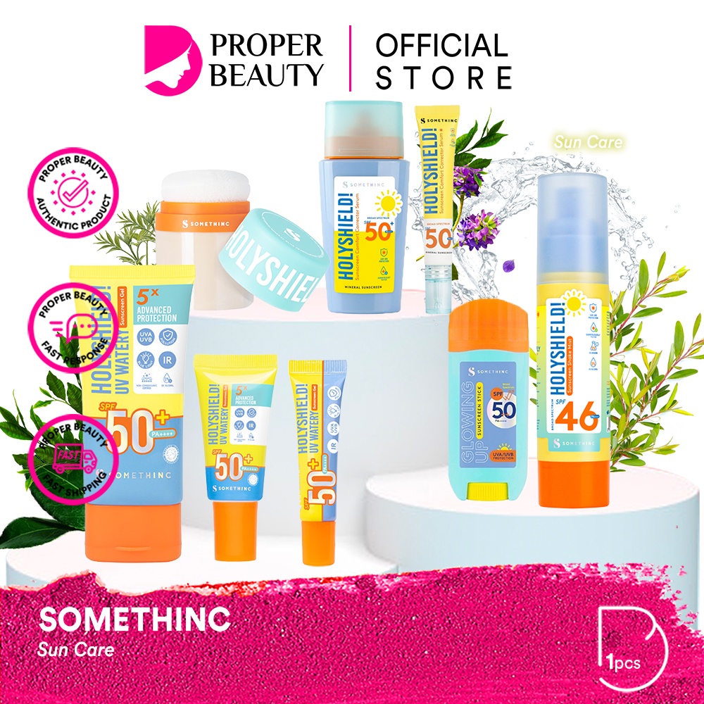 SOMETHINC Sun Care Indonesia / Sunscreen SPF 50 PA++++ UV Shield Suncare Sunblock Sunblok Gel Mist Spray Stick Serum Holyshield Glowing Up / Skincare Body Care Make Up / Cleanser Essence Toner Eye Cream Mask Masker Moisturizer Pelembab / Paket Set Face