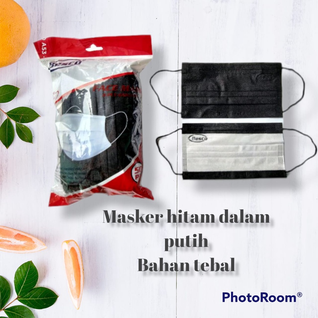 masker 3ply hitam dalam nya putih bahan tebal box random