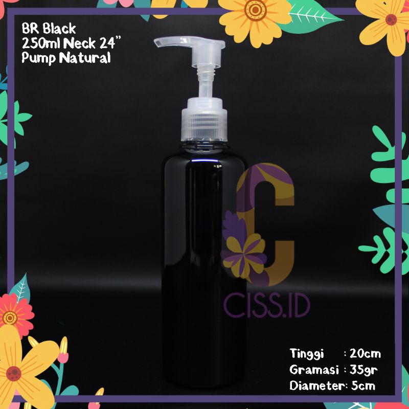 BOTOL PLASTIK BR 250ML HITAM PUMP NATURAL HAND SANITIZER IMPORT PET KOSMETIK LOTION HANDBODY GEL
