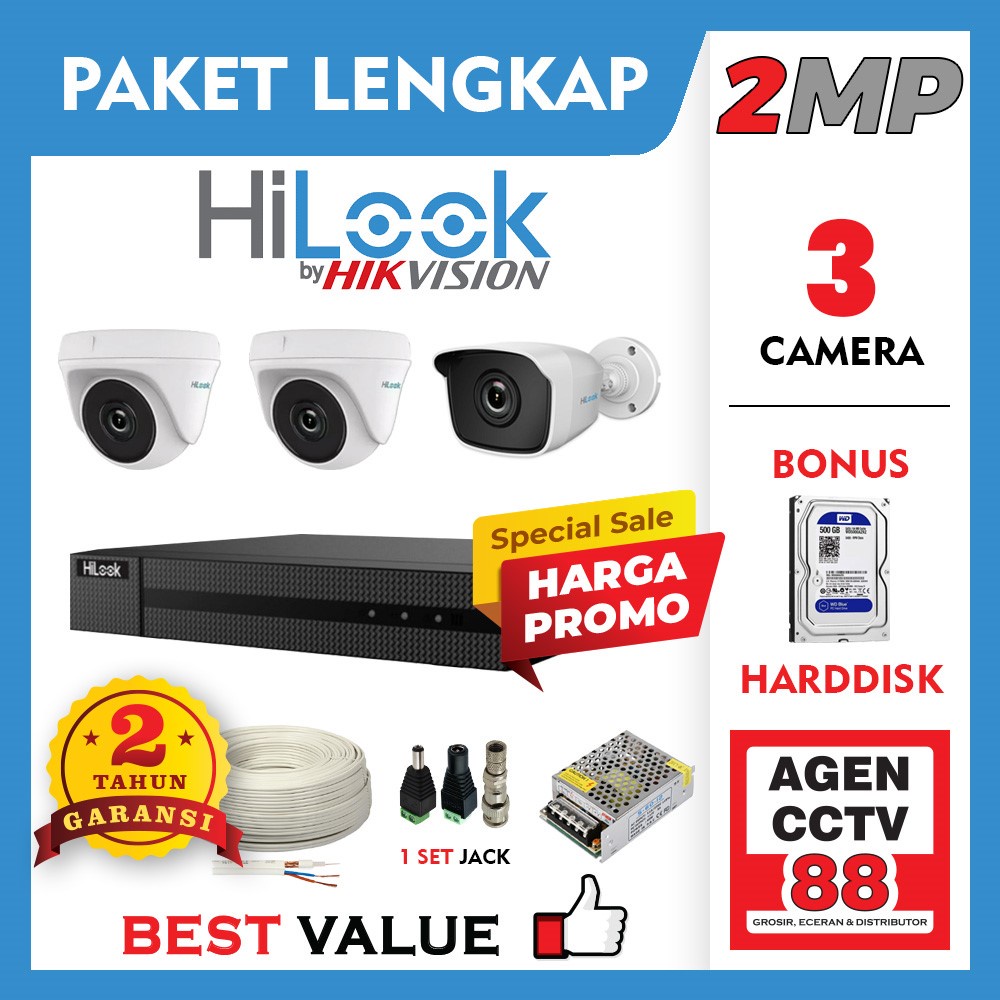 Paket Lengkap CCTV HILOOK 3CH / 3 Channel 2MP 1080p +Kabel +Harddisk