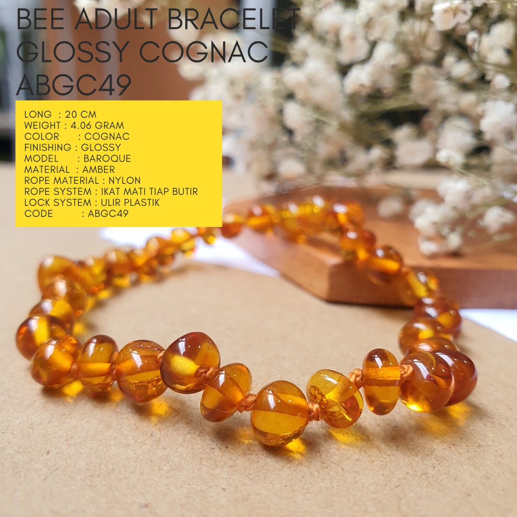 Gelang Amber Dewasa Premium Glossy Cognac ABGC49 By Amber Bee