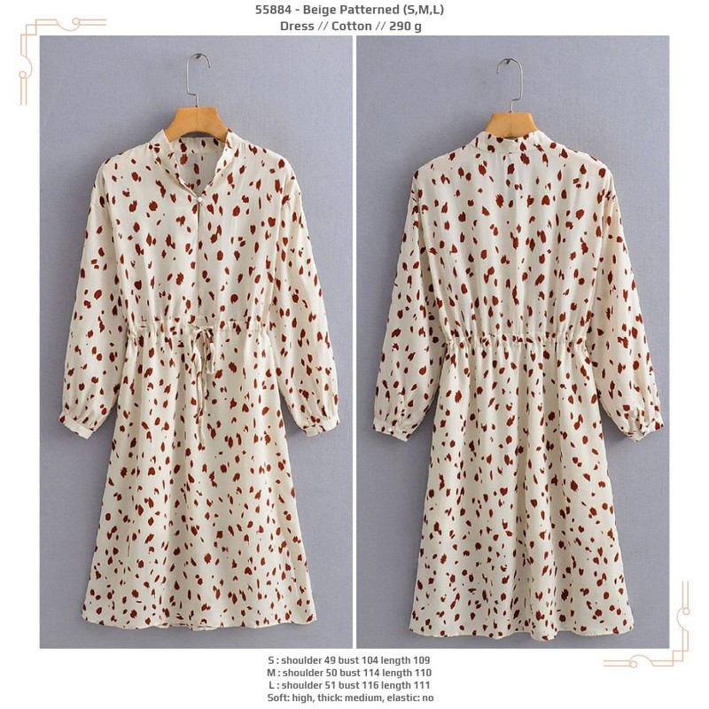 55884 Beige Patterned Dress / Dress Pesta Midi Krem