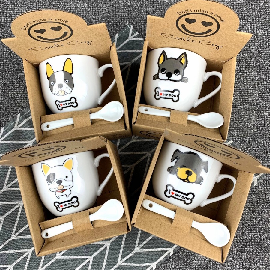 Gelas Set Mug+Sendok French Bulldog Souvenir Kado Cup Keramik Grosir