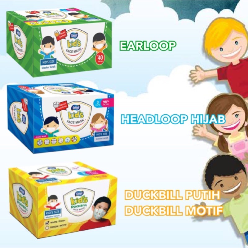 MASKER ANAK MEDIS 3 PLY SENSI KID'S DUCKBILL POLOS / MOTIF / EARLOOP / HEADLOOP HIJAB BOX ISI 40