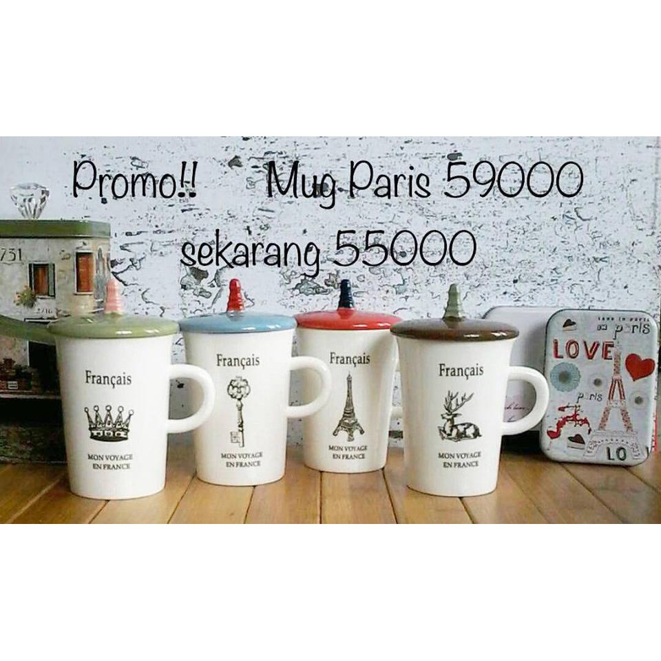 MUG KERAMIK  FRANCAIS DENGAN TUTUP PILIHAN  WARNA  READY 