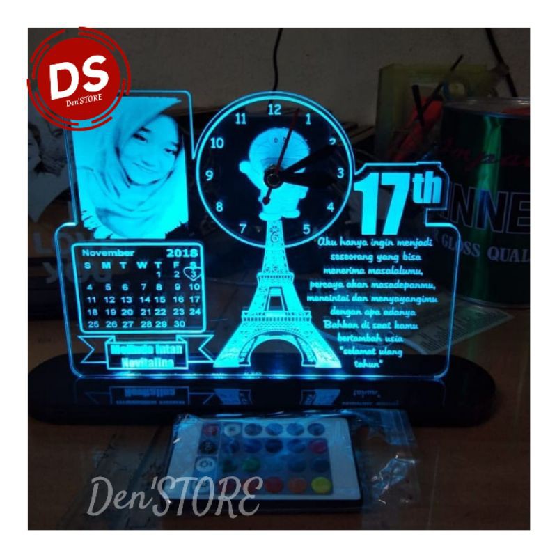 Lampu Hias Jam LED akrilik lampu tidur unik ukuran 14x16 plus jam