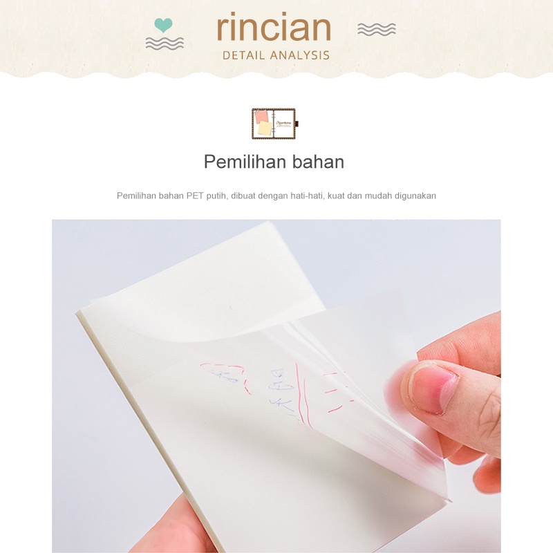 INS 50 Lembar/Set Sticky Notes Transparan Label Stickers PET Tahan air dan halus  Kertas Memo Sticky Note /Anti Air Untuk Sekolah / Kantor