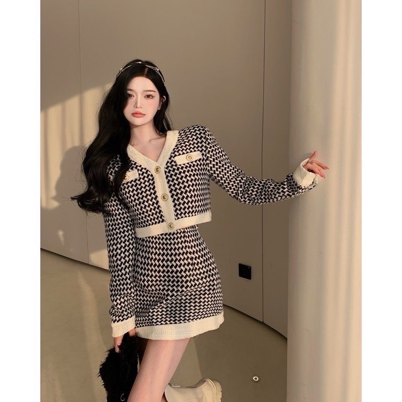 Jisoo tweed set blazer korean mini skirt rajut