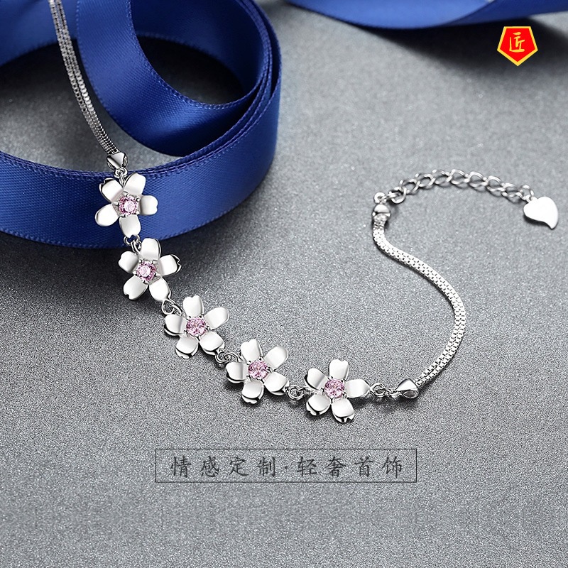 [Ready Stock]925 Silver Inlaid Pink Diamond Cherry Blossom Bracelet