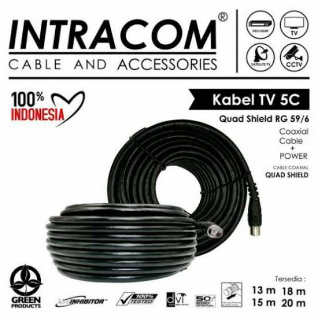 Kabel Antena Tv 13m / 15 Meter / 18m / 20 Meter paket + jet / jack 5C RG6 coaxial INTRACOM