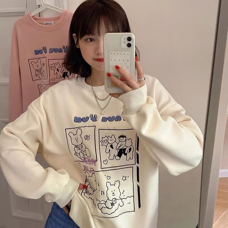 NAVE FUN Sweater Crewneck Oblong Oversize Wanita Motif Cute Korean Jacket  Fashion Terkini