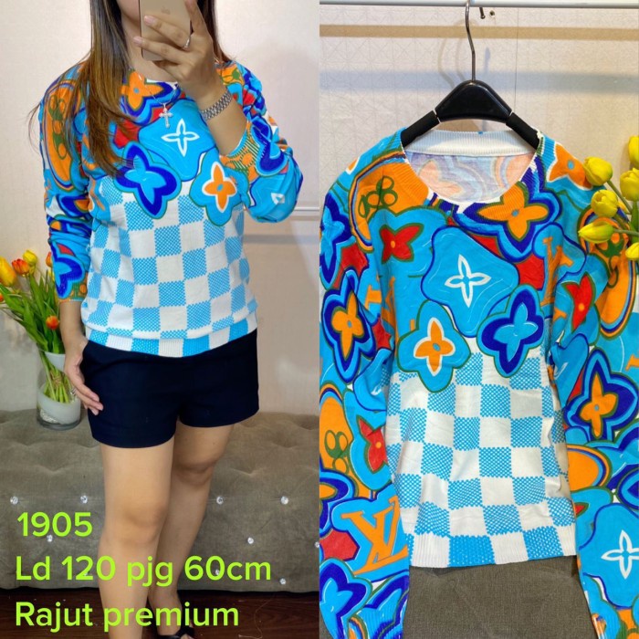 1905 Atasan Sweater Jumbo Rajut Premium Motif Lv Import - Biru Stok Terbatas