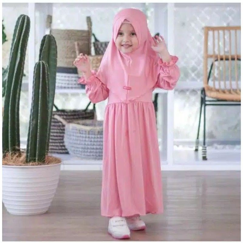 Gamis Aira Set Hijab Anak Perempuan Usia 2-7 Tahun |Setelan Busana Bju Syari Bayi Terbaru 3-5 Thn |Stelan Pakaian Tanggung Little Pineapple Baju Muslim Lucu