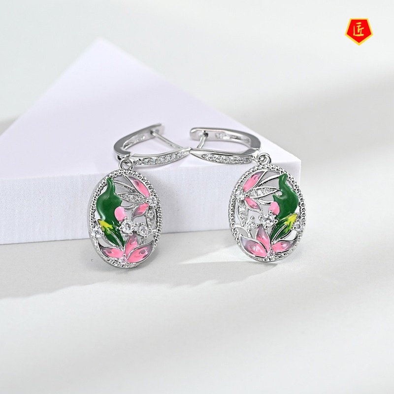 [Ready Stock]Oval Flower Rhinestone-Embedded Ring Earrings and Necklace Set