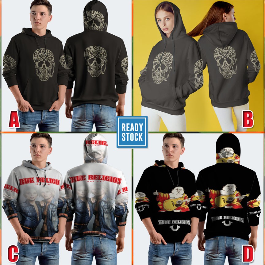 True Religion Hoodie Fullprint Bahan Polyester Guitar Skull Crew Neck Hoodie Unisex Polyester Dryfit